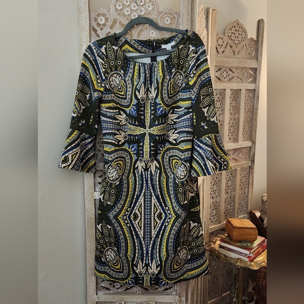 New York & Company Multicolor Patterned 3/4 Sleeve Dress